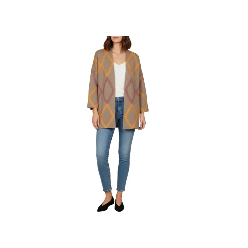 Kori America S/M Tan Brown Orange Pink Diamond Pattern Open Front Cardigan Women